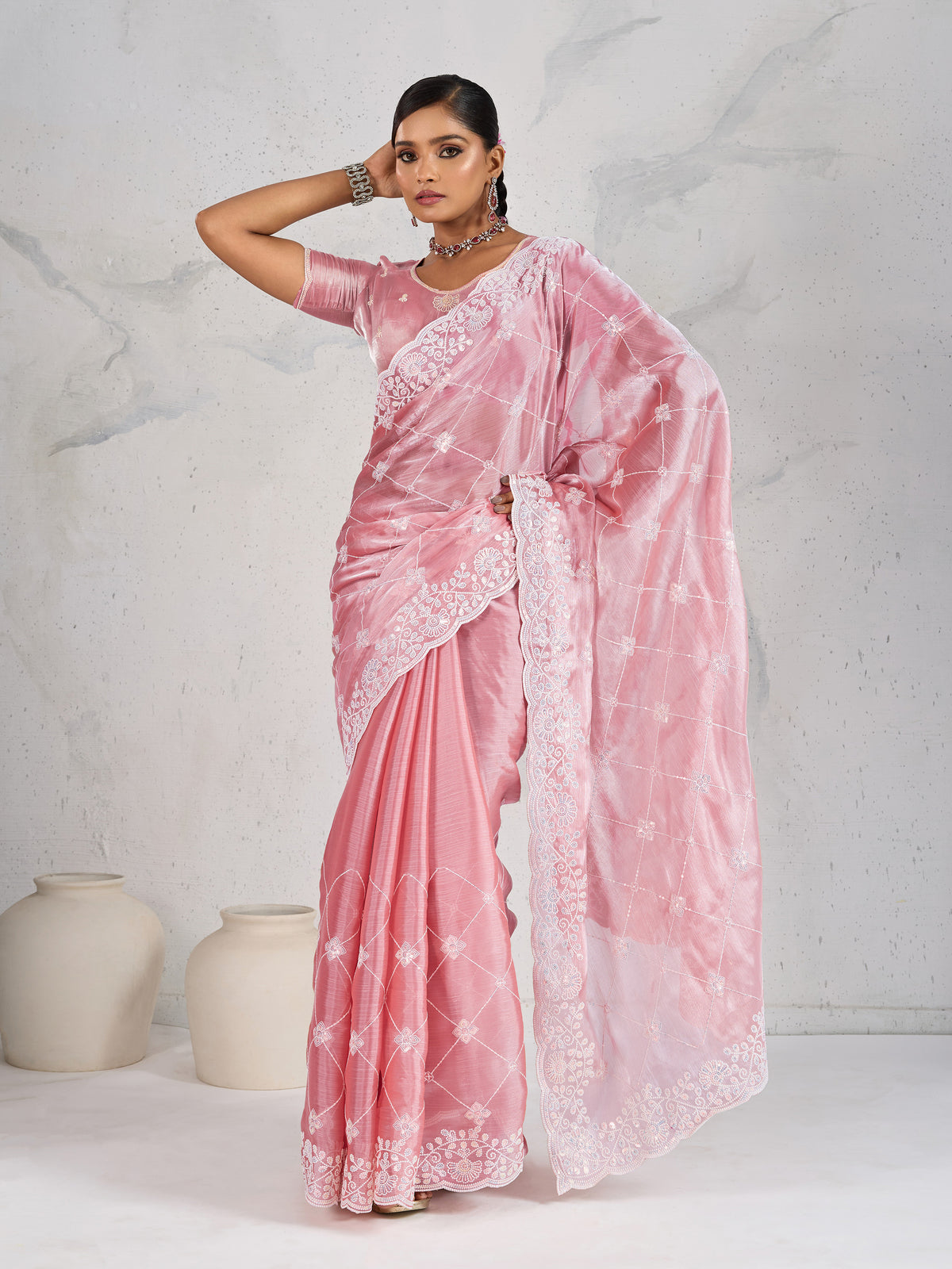Light Pink Thread Work Soft Burberry Ceremonial Trendy Saree
