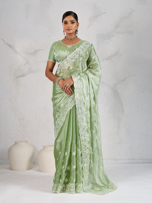 Light Green Thread Work Soft Burberry Ceremonial Trendy Saree
