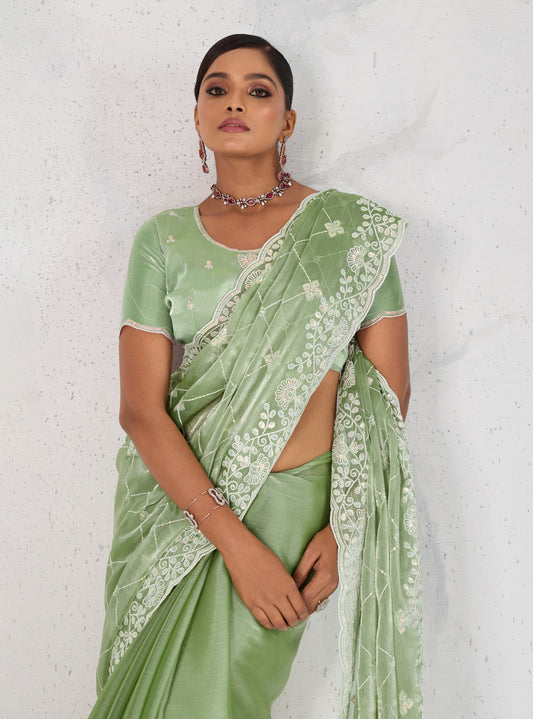 Light Green Thread Work Soft Burberry Ceremonial Trendy Saree