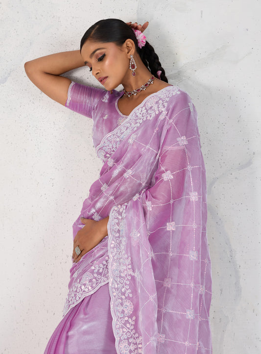 Lavender Thread Work Soft Burberry Ceremonial Trendy Saree