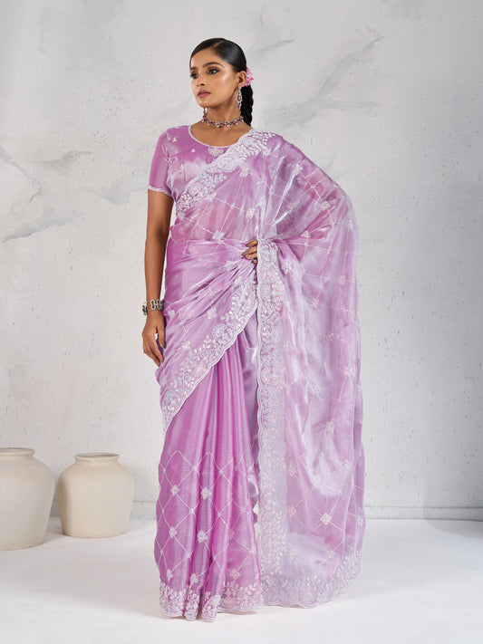 Lavender Thread Work Soft Burberry Ceremonial Trendy Saree