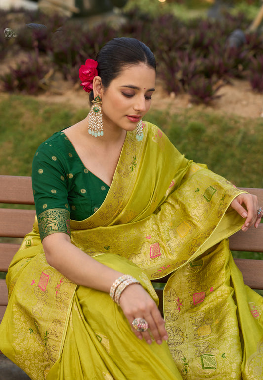 Indian Traditional Wear Parrot Green Color Weaving Work Dola Silk Saree