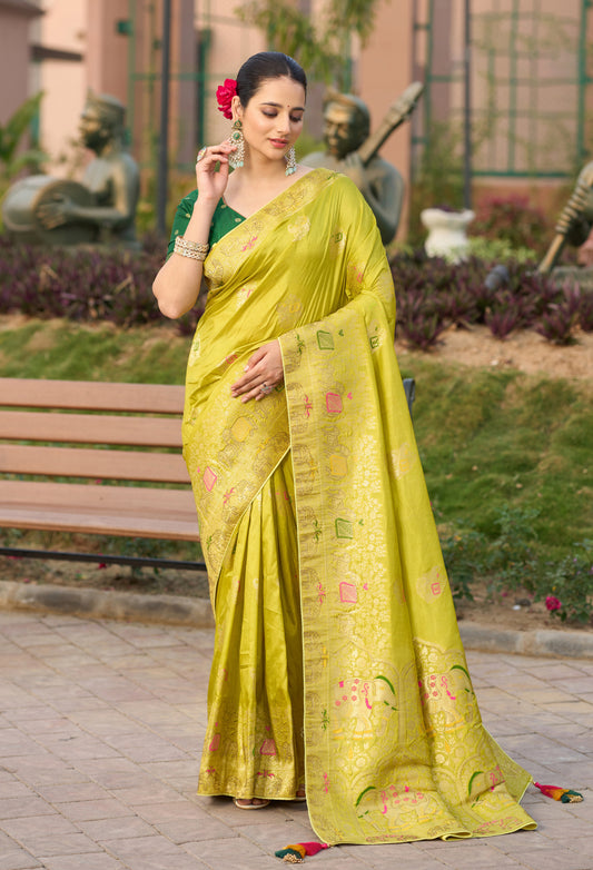 Indian Traditional Wear Parrot Green Color Weaving Work Dola Silk Saree