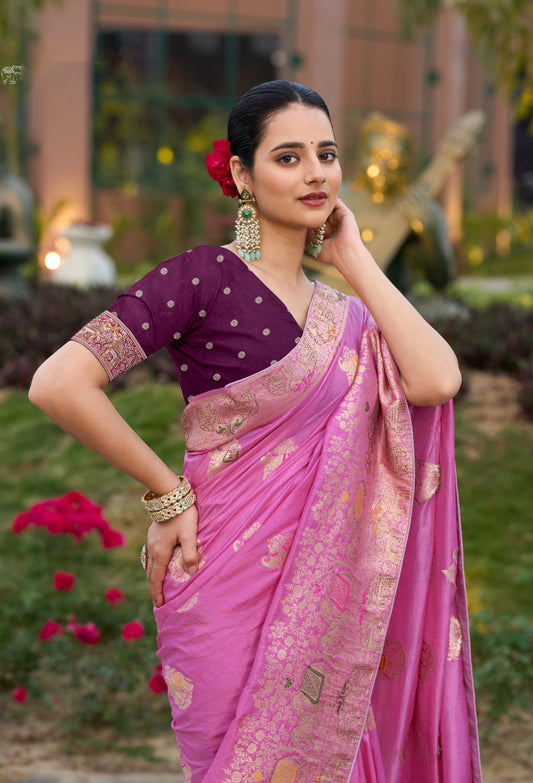 Indian Traditional Wear Rose Pink Color Weaving Work Dola Silk Saree