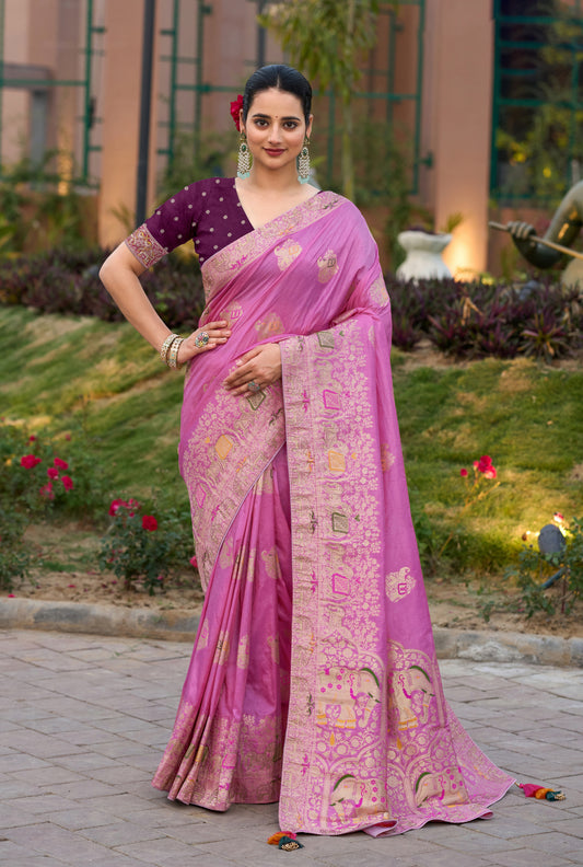 Indian Traditional Wear Rose Pink Color Weaving Work Dola Silk Saree