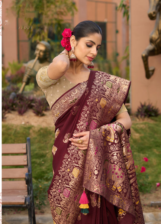 Indian Traditional Wear Maroon Color Weaving Work Dola Silk Saree