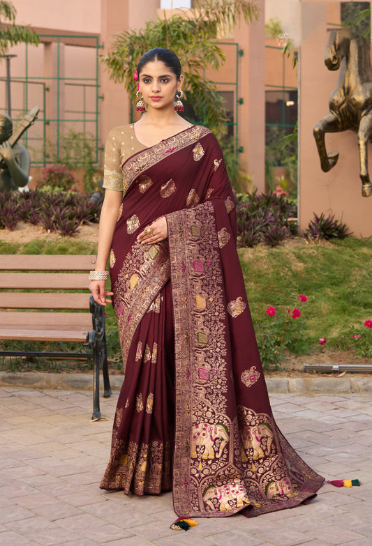 Indian Traditional Wear Maroon Color Weaving Work Dola Silk Saree