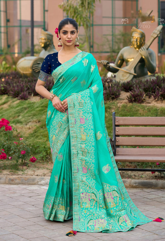 Indian Traditional Wear Turquoise Color Weaving Work Dola Silk Saree