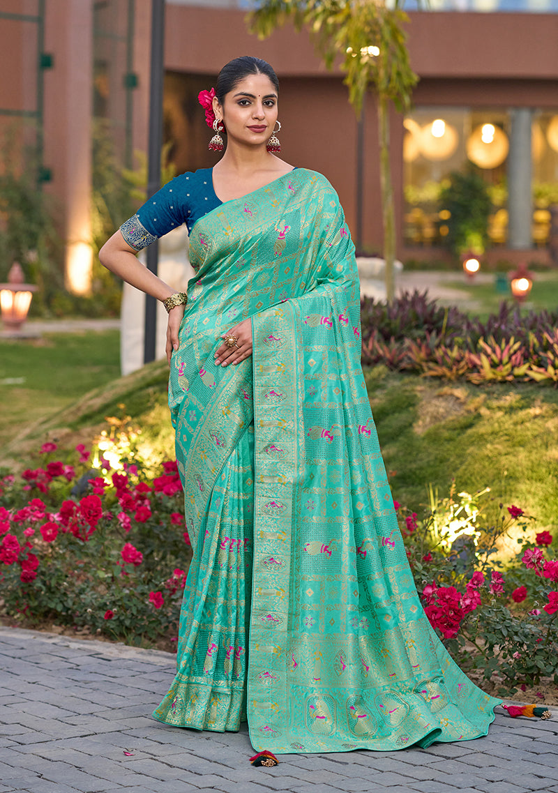 Turquoise Color Dola Silk Gharchola Design Rich Pallu Work Saree