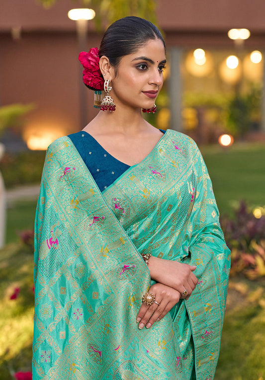 Turquoise Color Dola Silk Gharchola Design Rich Pallu Work Saree