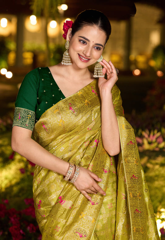 Parrot Green Color Dola Silk Gharchola Design Rich Pallu Work Saree