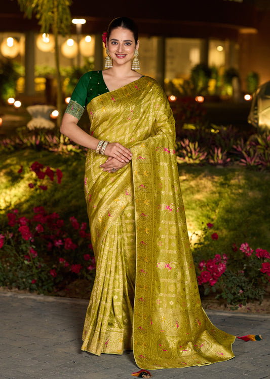 Parrot Green Color Dola Silk Gharchola Design Rich Pallu Work Saree