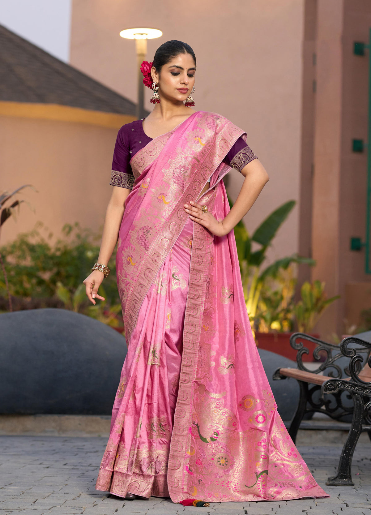 Dola Silk Meenakari Weave Work Traditional Saree In Light Pink