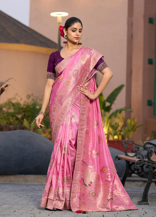 Dola Silk Meenakari Weave Work Traditional Saree In Light Pink