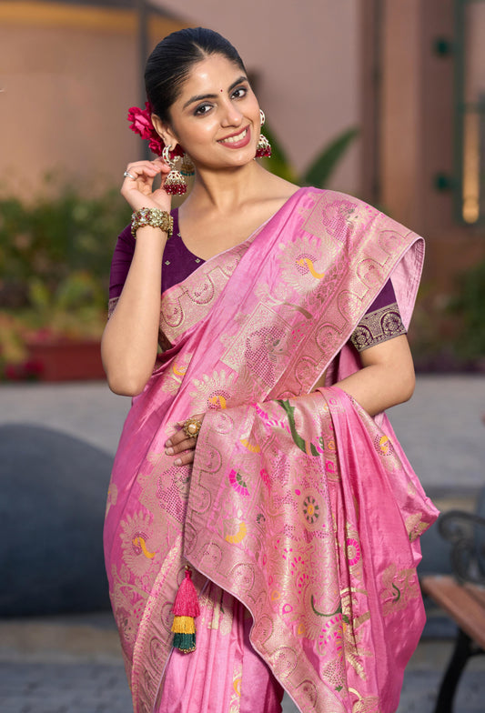 Dola Silk Meenakari Weave Work Traditional Saree In Light Pink