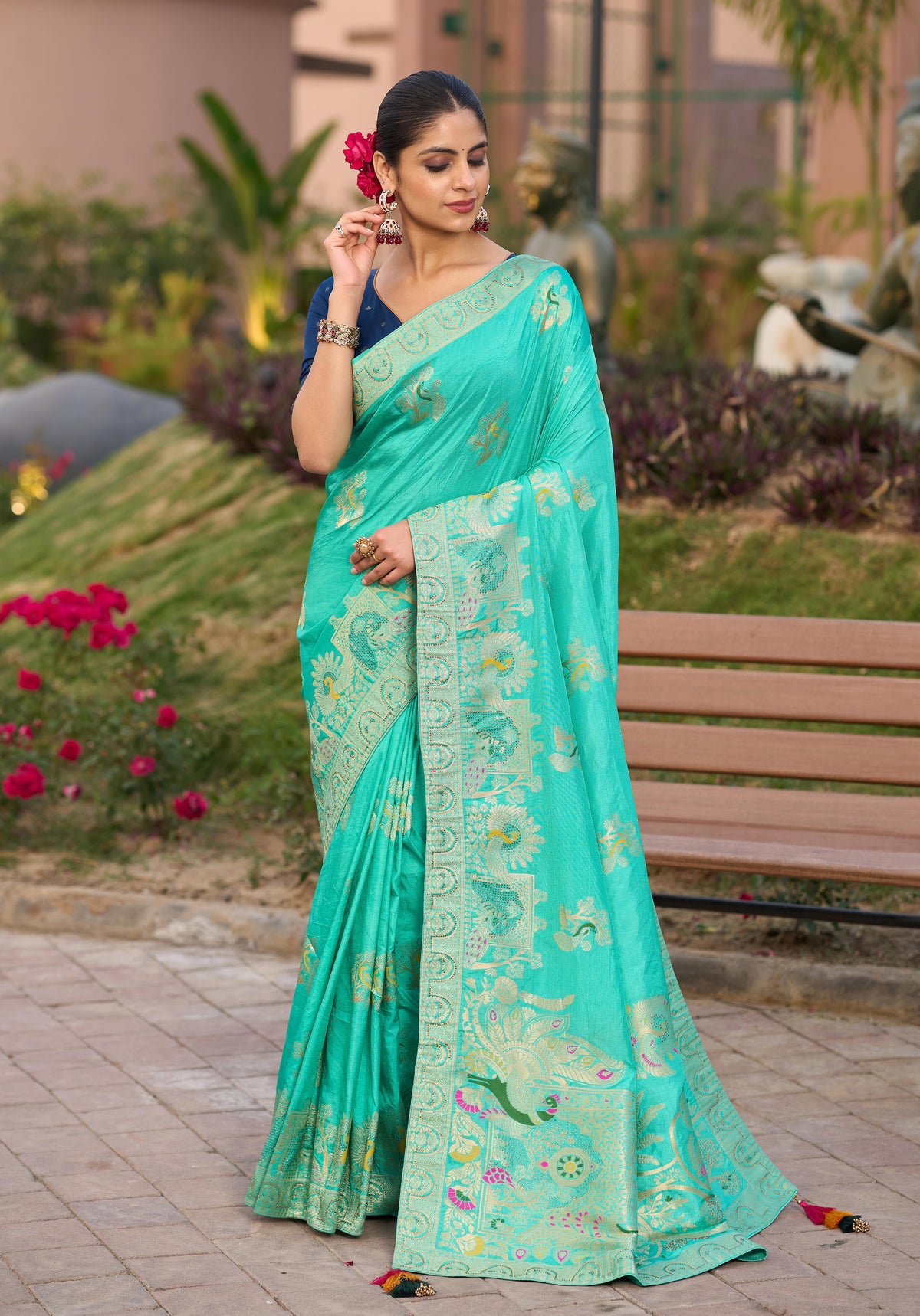 Dola Silk Meenakari Weave Work Traditional Saree In Turquoise