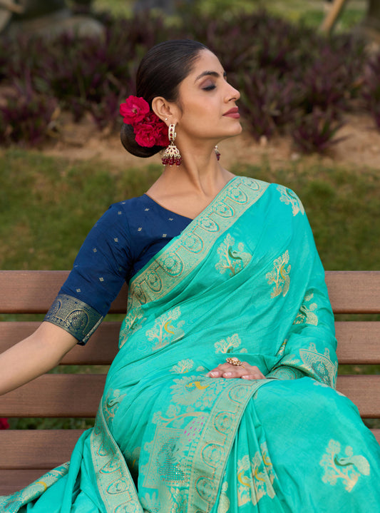 Dola Silk Meenakari Weave Work Traditional Saree In Turquoise