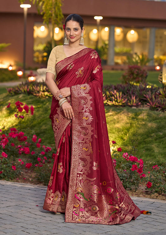 Dola Silk Meenakari Weave Work Traditional Saree In Maroon