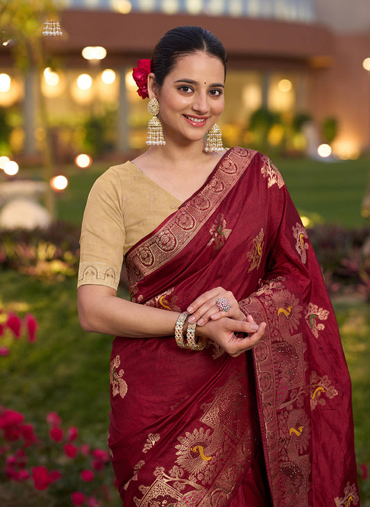 Dola Silk Meenakari Weave Work Traditional Saree In Maroon