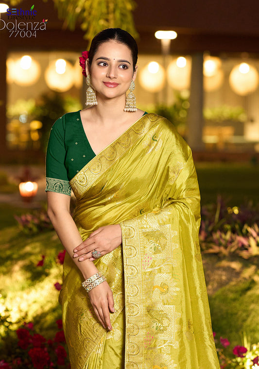 Dola Silk Meenakari Weave Work Traditional Saree In Parrot Green