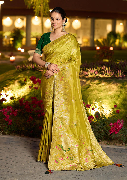Dola Silk Meenakari Weave Work Traditional Saree In Parrot Green