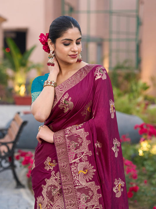 Dola Silk Meenakari Weave Work Traditional Saree In Dark Magenta