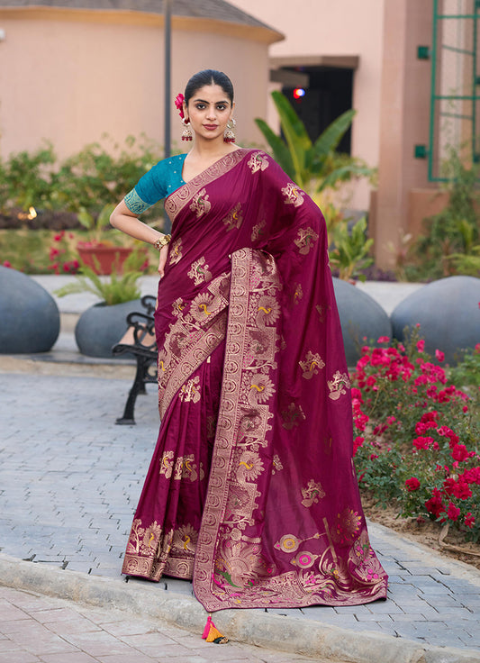 Dola Silk Meenakari Weave Work Traditional Saree In Dark Magenta