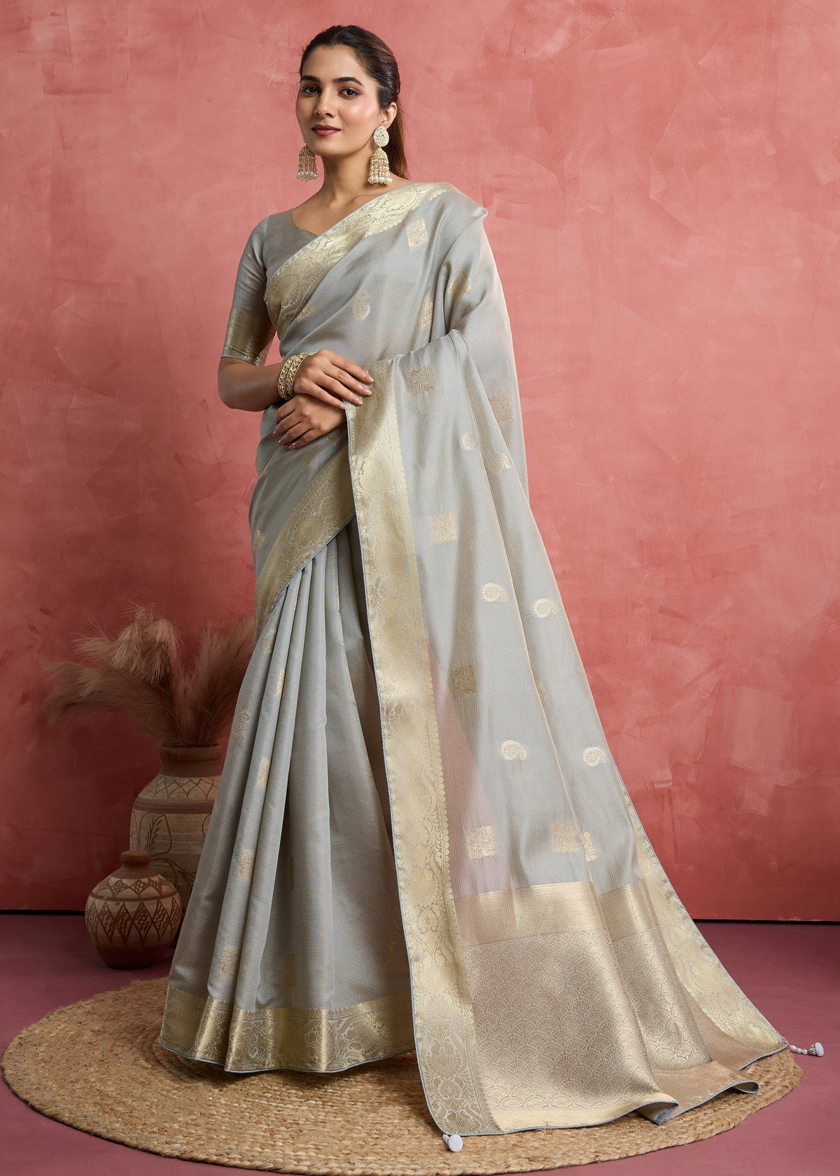 Light Grey Soft Silk Weaving Ceremonial Classic Saree