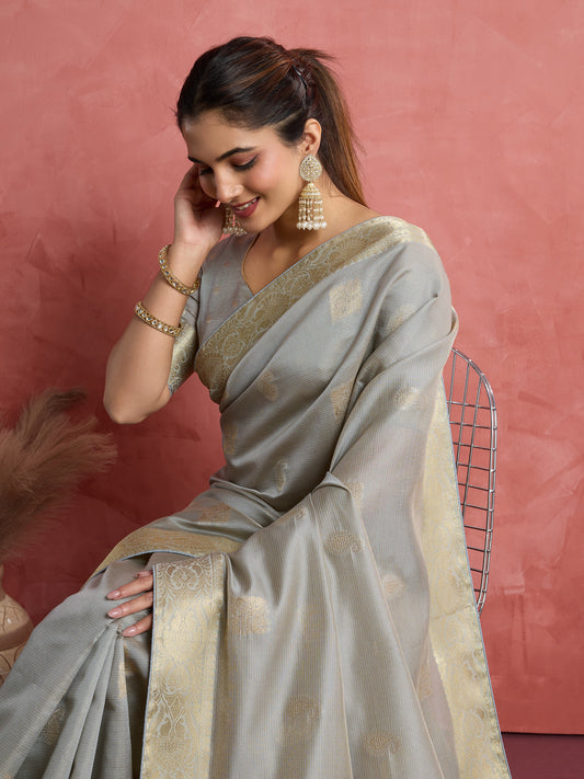 Light Grey Soft Silk Weaving Ceremonial Classic Saree