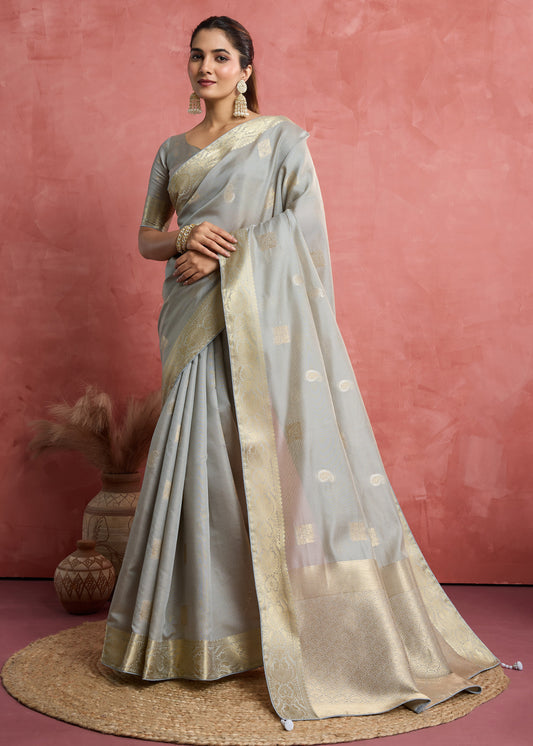 Light Grey Soft Silk Weaving Ceremonial Classic Saree