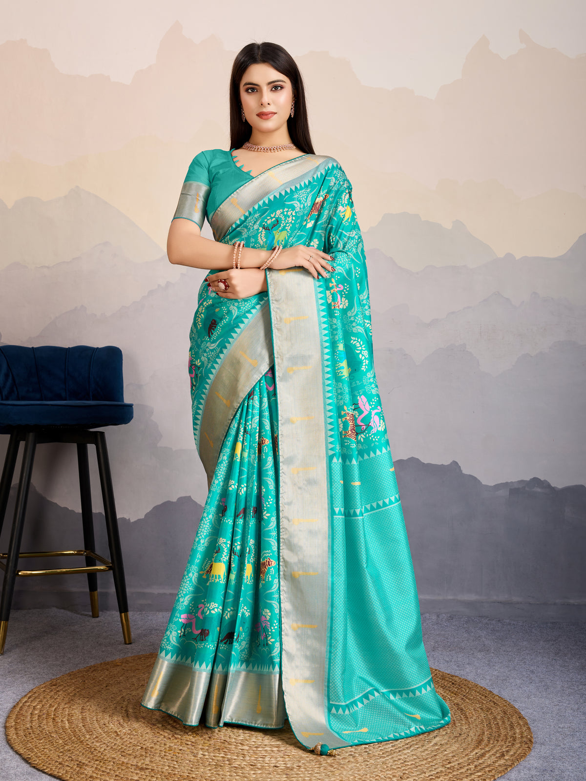 Turquoise Zari  Border Work Dola Satin Digital Printed Trendy Saree