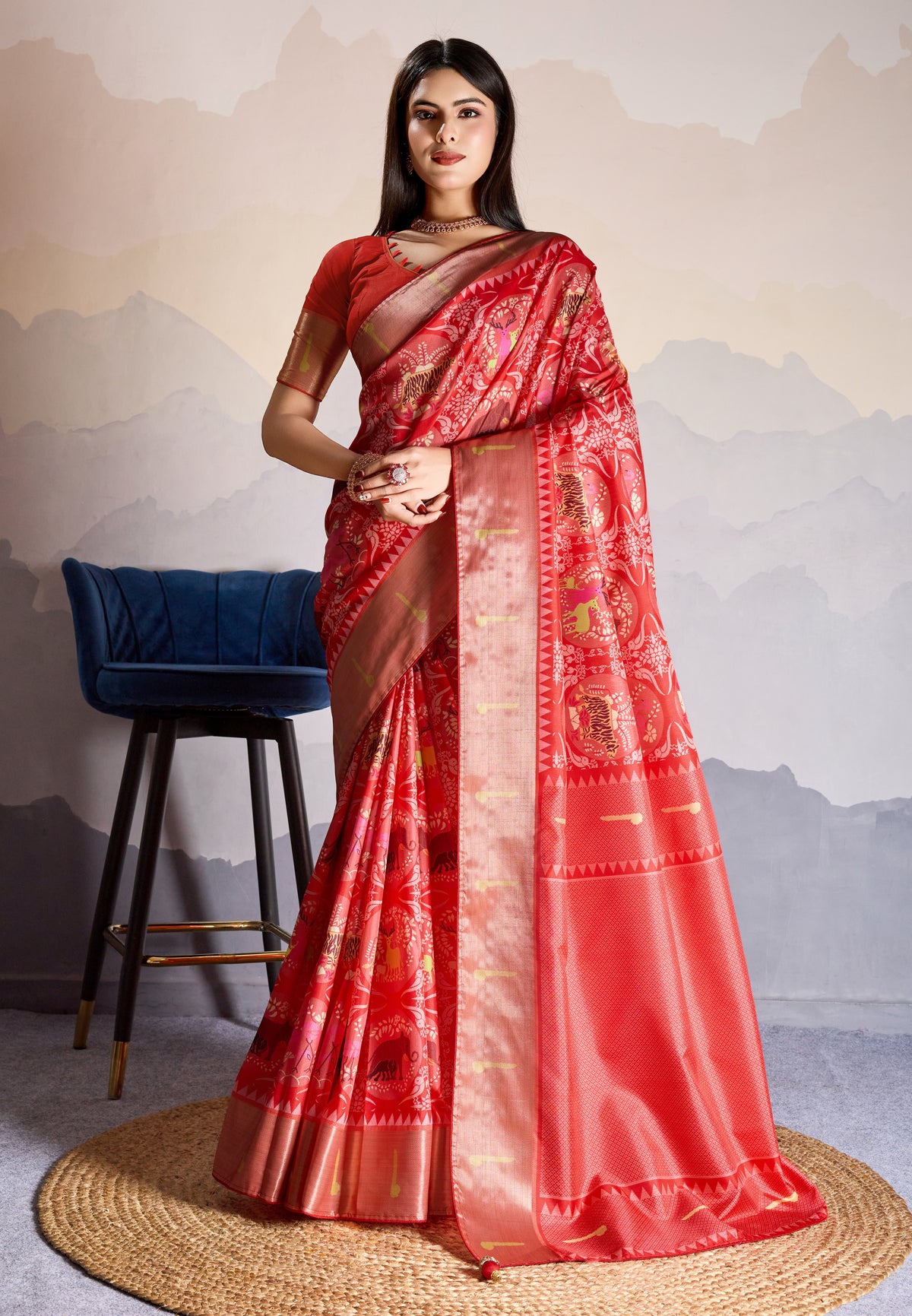 Red Zari  Border Work Dola Satin Digital PrintedTrendy Saree