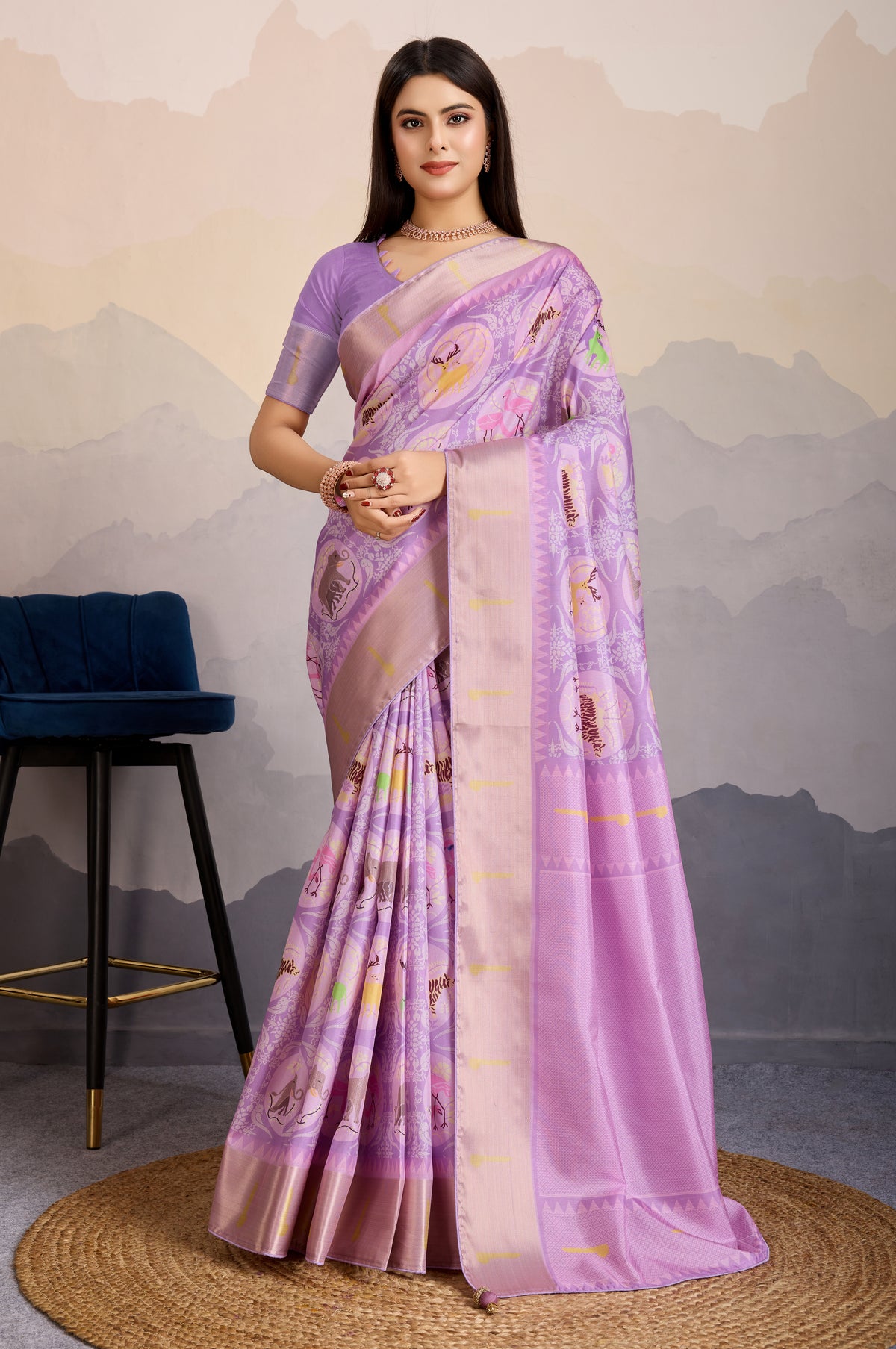 Lilac Zari  Border Work Dola Satin Digital Printed Trendy Saree