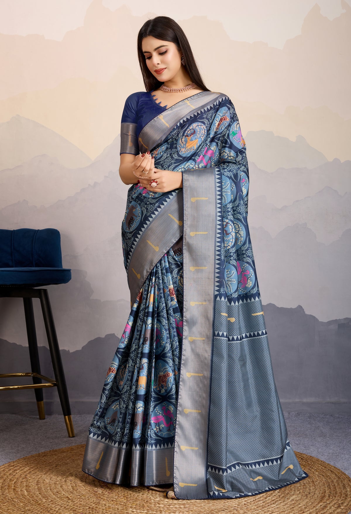 Navy blue Zari  Border Work Dola Satin Digital Printed Trendy Saree