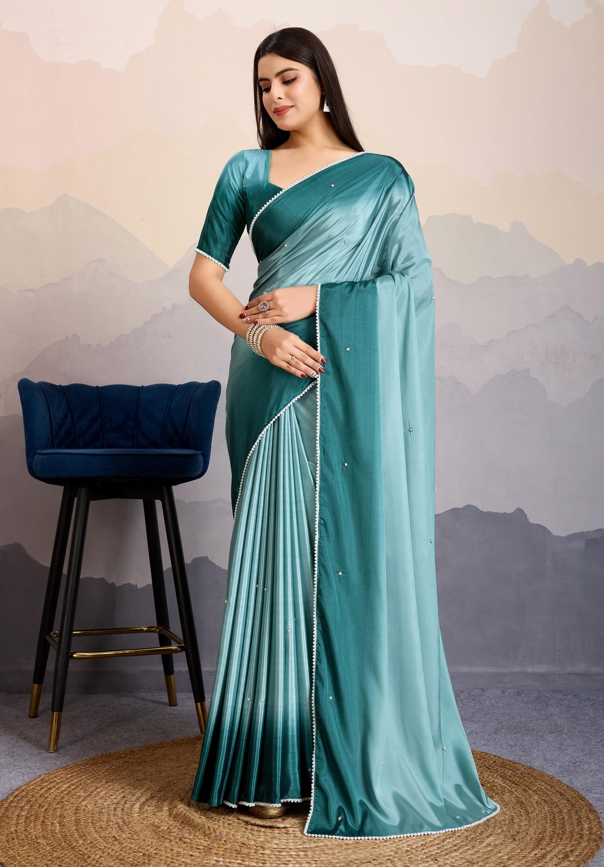 Teal blue Color Satin Crepe Pearl Lace border Party Wear Saree
