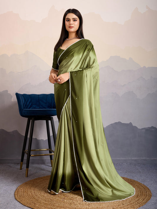 Olive Green Color Satin Crepe Pearl Lace border Party Wear Saree