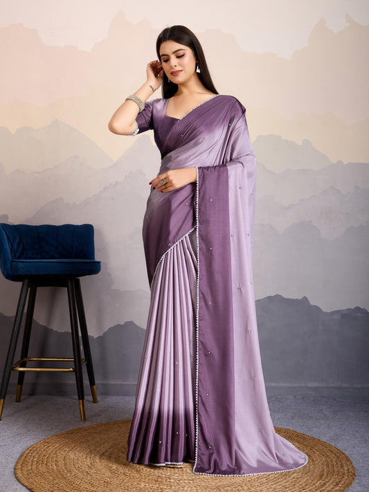 Lavender Purple Color Satin Crepe Pearl Lace border Party Wear Saree