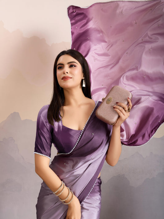 Lavender Purple Color Satin Crepe Pearl Lace border Party Wear Saree