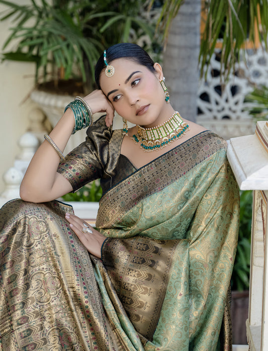 Light Cyan Color Kanjiwaram silk Meenakri Weaving work Classic Saree