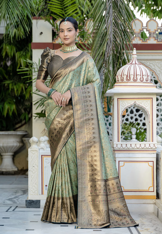 Light Cyan Color Kanjiwaram silk Meenakri Weaving work Classic Saree