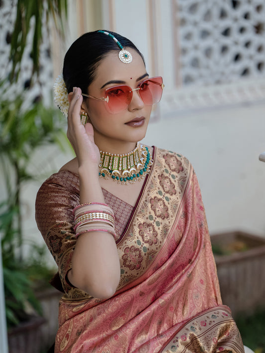 Light Red Kanjiwaram silk Meenakri Weaving work Classic Saree