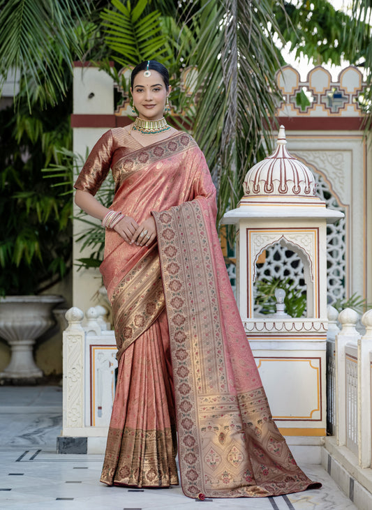 Light Red Kanjiwaram silk Meenakri Weaving work Classic Saree