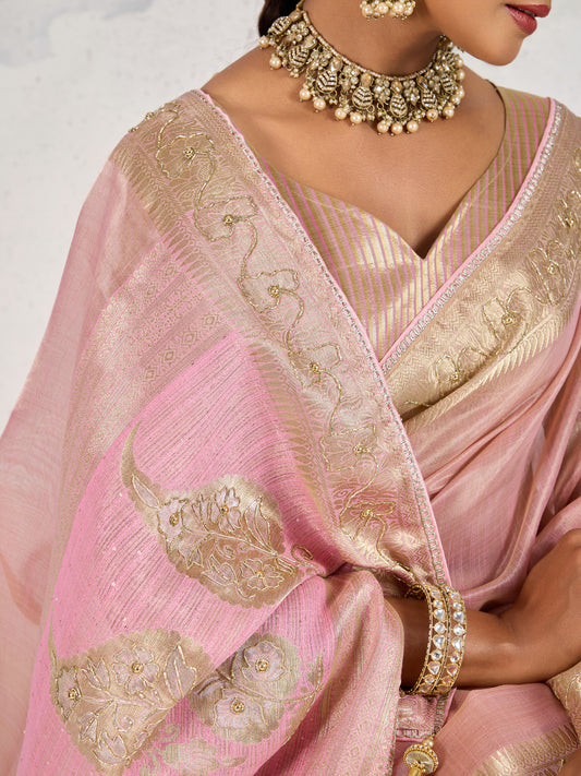 Tissue Linen Light Pink Woven Hand work Classic Saree