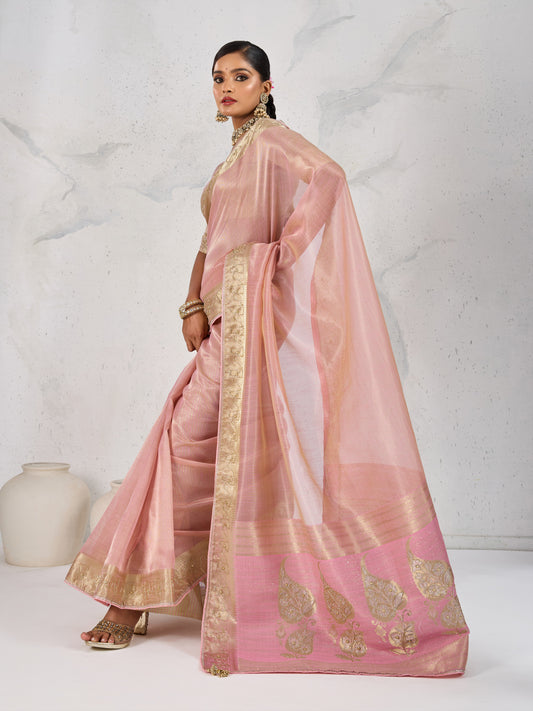Tissue Linen Light Pink Woven Hand work Classic Saree