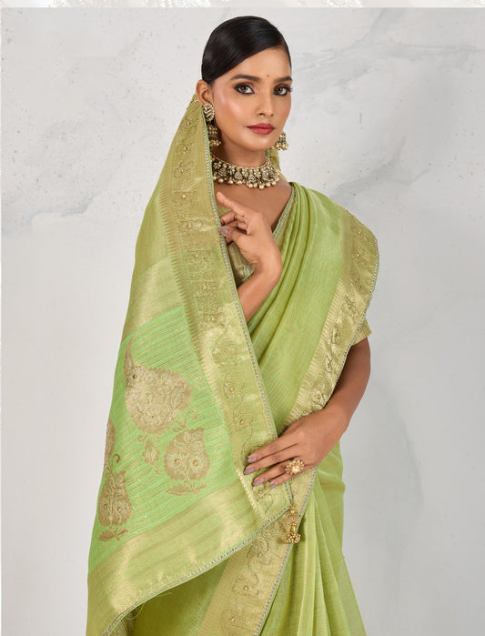 Tissue Linen Parrot green Woven Hand work Classic Saree