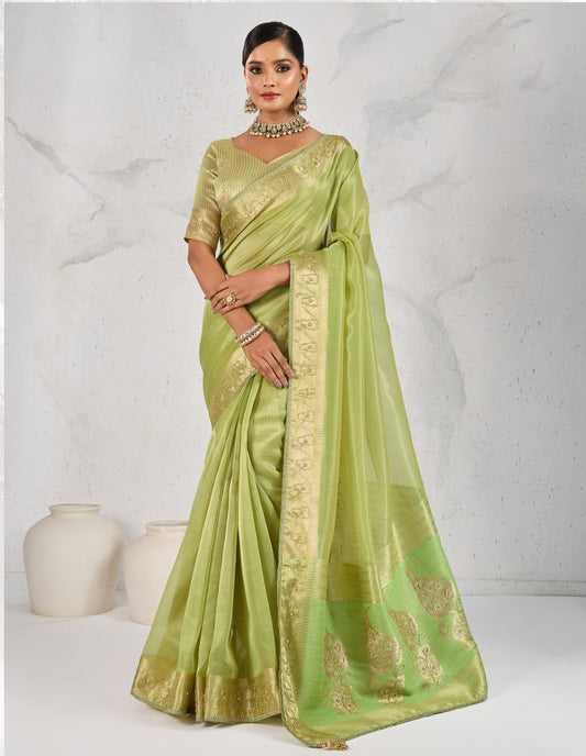 Tissue Linen Parrot green Woven Hand work Classic Saree