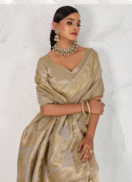 Tissue Linen Beige Woven Hand work Classic Saree