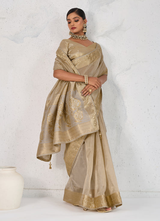 Tissue Linen Beige Woven Hand work Classic Saree
