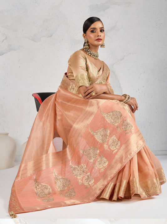 Tissue Linen Peach Woven Hand work Classic Saree