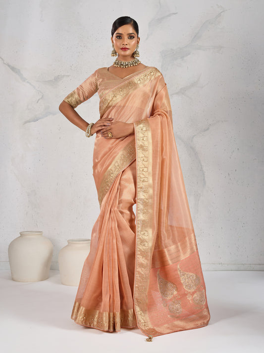 Tissue Linen Peach Woven Hand work Classic Saree
